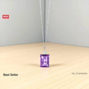 Elegant Emerald Cut Amethyst Opal Pendant Necklace Sterling Silver Statement